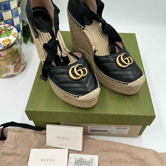 Women's Gucci GG wedge ankle tie  Espadrilles size 41 made in - Picture 3 of 11